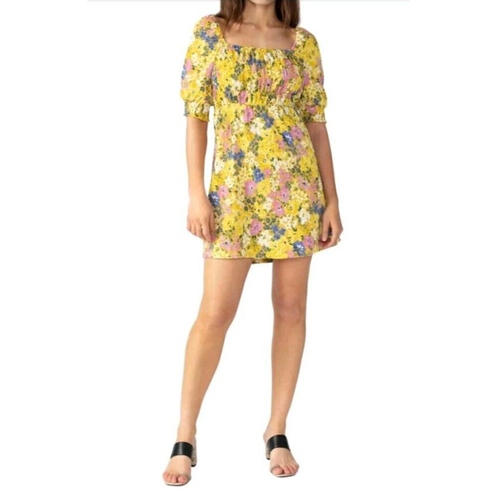 Sanctuary Floral Smocked Mini Dress L Yellow Cottagecore Puff Sleeve Square Neck